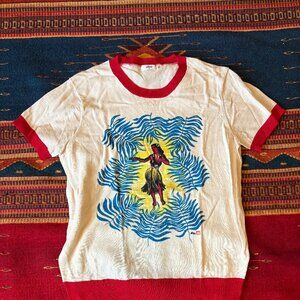 ME369 Cotton Ringer Tee – Hawaiian Dance Graphic, Red Trim, Size M